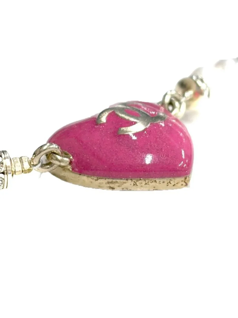 Chanel CC Logo Heart Pearl Bracelet Pink Gold
